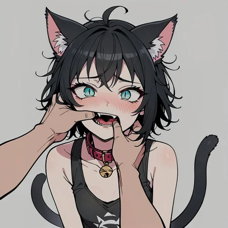 score_9, score_8_up, score_7_up, (2d), source_anime, very aesthetic, anime screencap, anime color,
BREAK,  
1girl, (skinny:1.2), pale skin, catgirl, cat ears, cat tail, aqua eyes, slit eyes,  black hair, short hair, messy hair,
blush, embarrassed, pet collar, tank top,
 fiday, 1girl, solo focus, pov hands, finger in another's mouth, parted lips, biting, fangs, open mouth