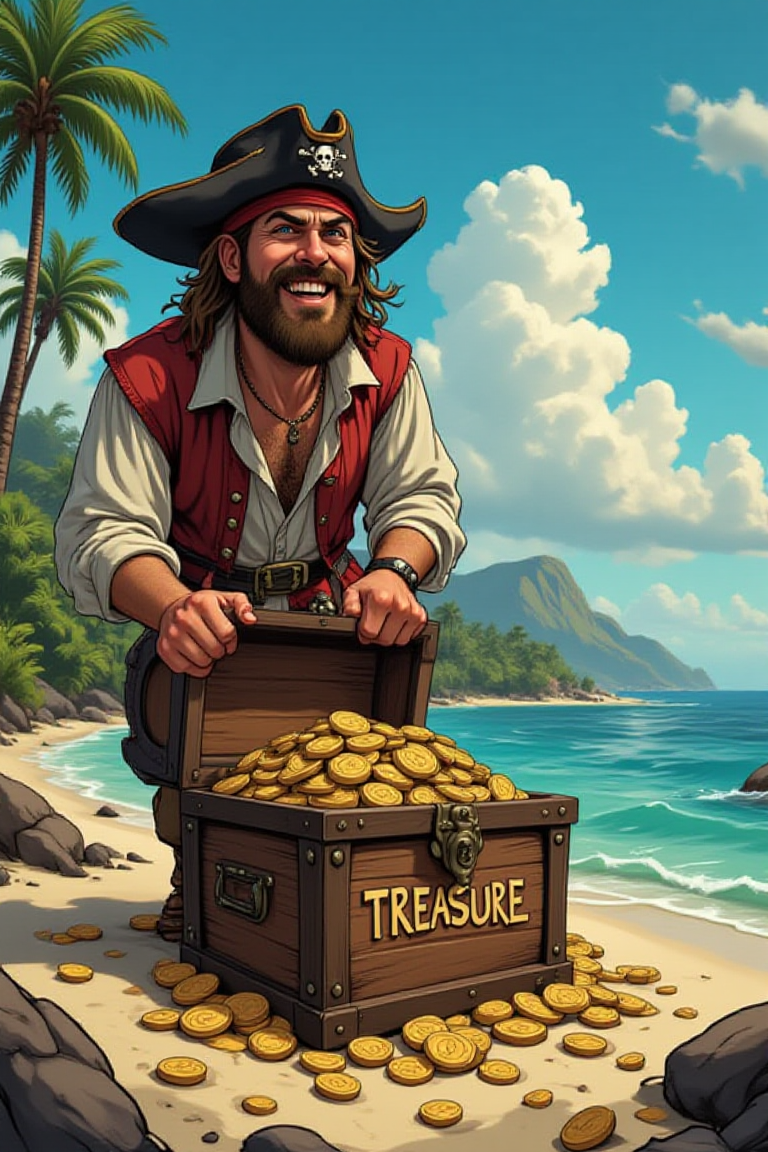 illustration, cartoon, anime, manga, drawing, A happy pirate drags a huge chest with gold coins. The chest has the inscription "TREASURE". The coast of a Caribbean island. Photorealistic art.