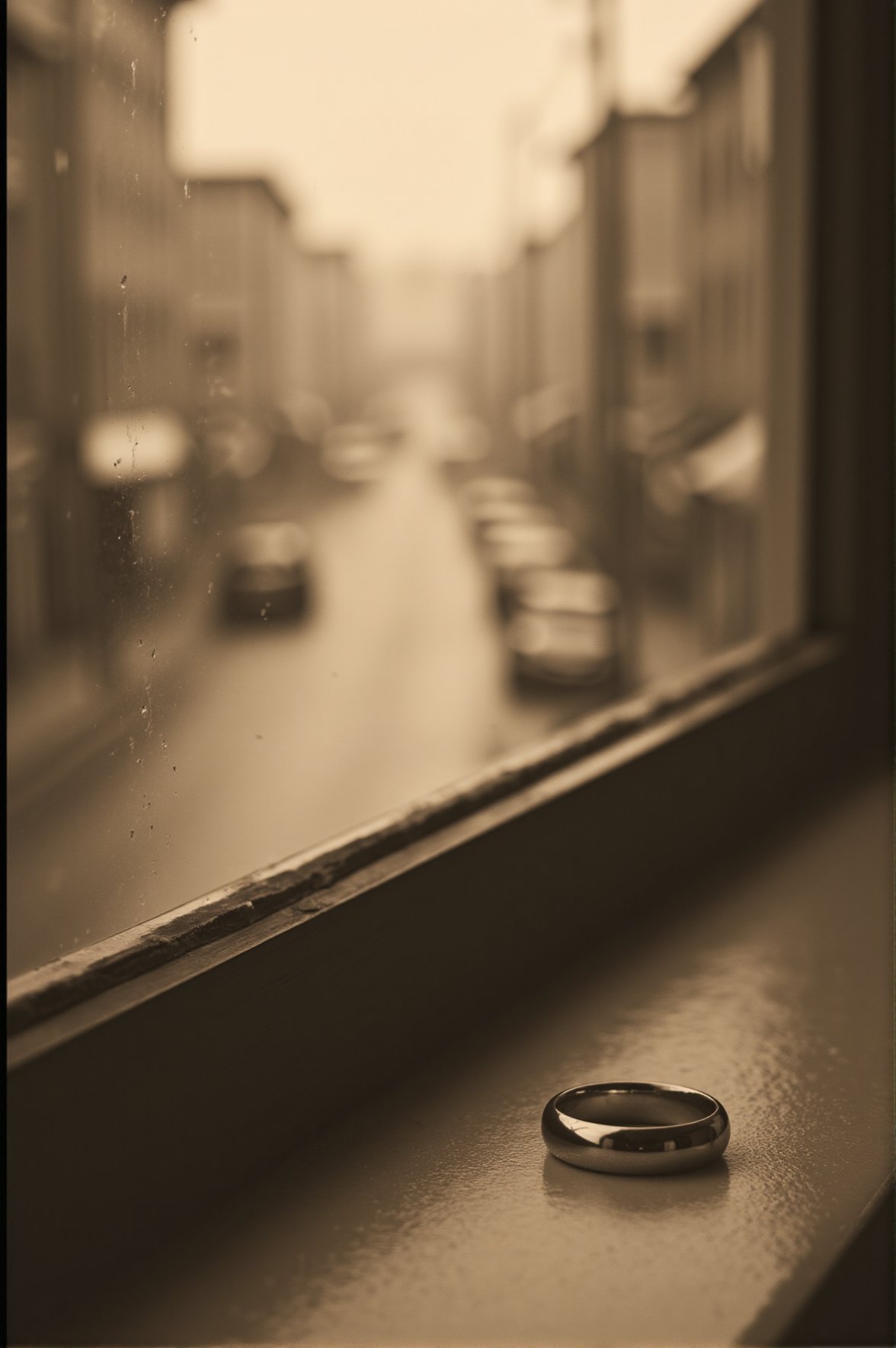 A simple silver ring rests on a windowsill, illuminated by the soft glow of morning light. Outside, a foggy street stretches into the distance, empty. The sepia vignette captures the weight of an unspoken promiseâa love left waiting, or one that never had the chance to return.
<lora:sepia-vignette-flux:1>