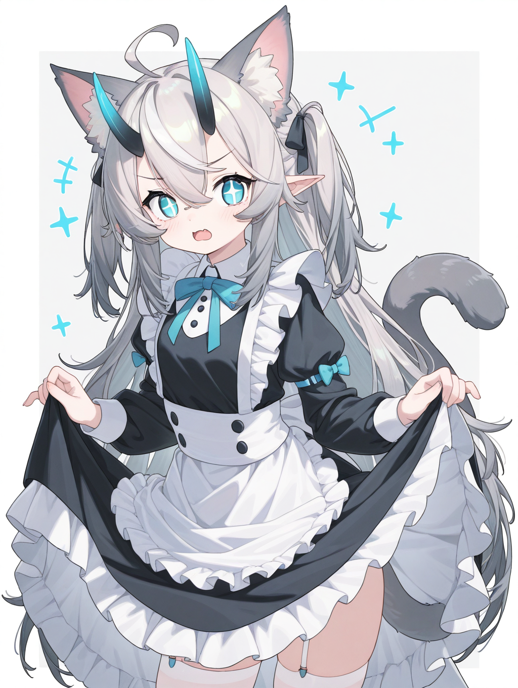 <lora:cuite:1>,Ñute girl,cat ears,+_+,blue eyes,grey hair,long hair,5 fingers,cat tail,maid, skirt lift