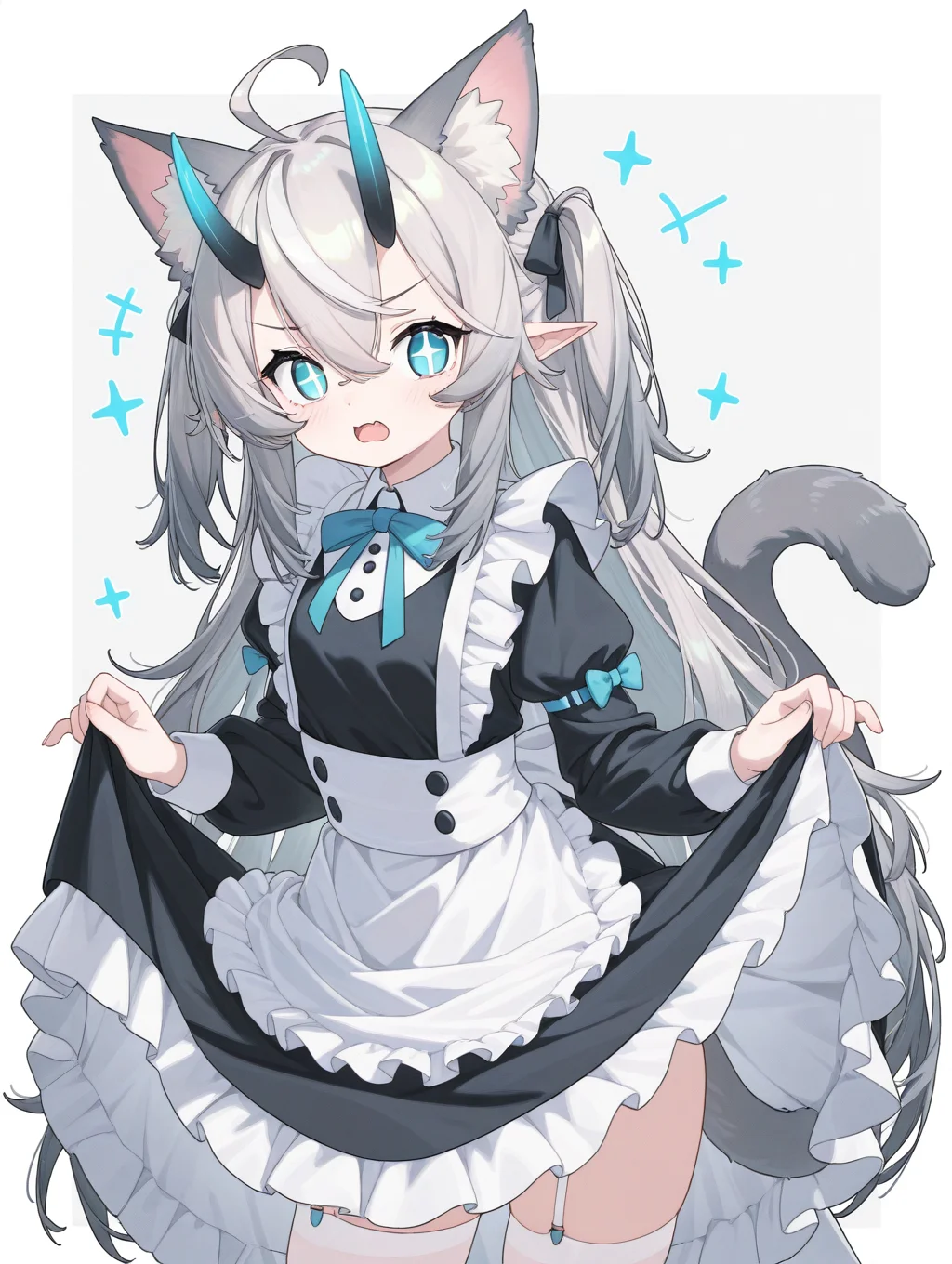 <lora:cuite:1>,Ñute girl,cat ears,+_+,blue eyes,grey hair,long hair,5 fingers,cat tail,maid, skirt lift