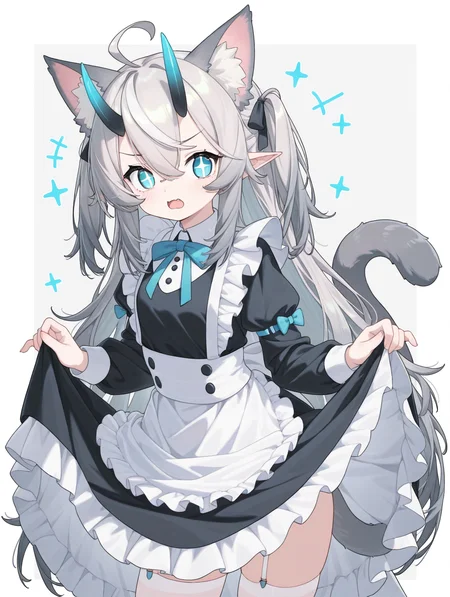<lora:cuite:1>,Ñute girl,cat ears,+_+,blue eyes,grey hair,long hair,5 fingers,cat tail,maid, skirt lift