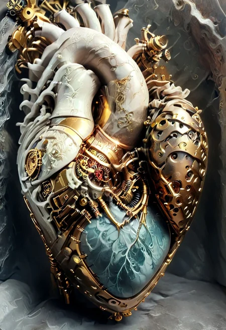 a young woman clutches her mechanical heart in her chest which is rendered in Greys anatomical style with bolts and screws and steampunk valves, it has broken, a small bit of steam escapes from a valve in the heart, and the cracks on her body and heart fill with gold and she turns to marble, 
statue, sculpture,  ArsMJStyle, Rococo Steampunk, DonMSt34mPXL, overgrown, heart art
