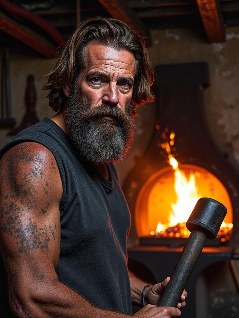 Upper body portrait of a rugged blacksmith,  his face streaked with coal dust and glistening with sweat, emphasizing the detailed skin pores and the rough texture of his weathered caucasian skin. A thick, coarse beard, also partially dusted with coal, frames his strong jawline, adding to his gritty, hard-working appearance. His brown hair, clings to his forehead as he pauses from his work, holding a heavy hammer in one calloused hand. His skin is matted with sweat. The warm, flickering light of the forge behind him casts deep shadows, highlighting the lines and creases etched into his face from years of toil. The background reveals the heart of the blacksmithâs workshop with glowing embers in the forge, sparks flying from an anvil, and tools hanging from soot-stained walls, all bathed in the warm, orange glow of the fire. The scene is captured with incredible detail, showcasing the intensity of his craft and the gritty atmosphere of the forge, conveying a sense of strength, resilience, and the raw, physical labor that defines his daily life, <lora:detailed_skin_portraits-000005:0.75>