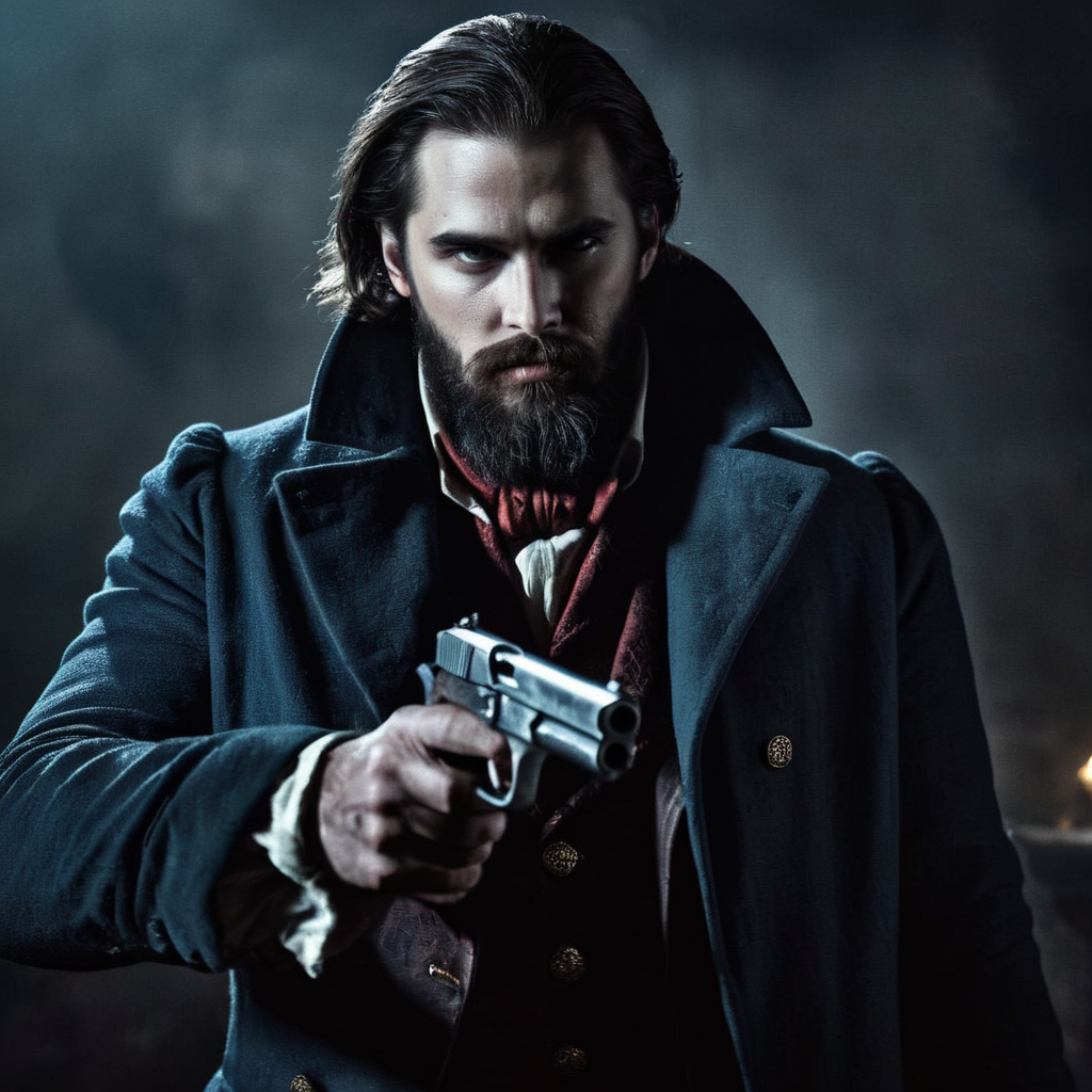 Dark Fantasy Art of  <lora:cinematic vampire film style:1>
a man with a beard holding a gun from the 18th century cinematic vampire film style, dark, moody, dark fantasy style
