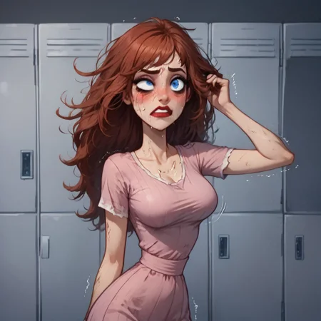 score_9, score_8_up, score_8, 1girl , Nikki Cox, Tiffany Malloy, grabbing hair, 1girl, solo, petite, petit, 18 year old, big breasts, soarse face, school, lockers, slap, slap in face, slap in her face, slapped, bangs, slap by baseball bat, shaggy mullet, blue eyes, auburn hair, big funnel nose, hair, tight mini pink dress,long legs, tall, ragged clothes. crumpled hair, bad hair,dirty clothes, wrinkled clothes,one eye higher than another, twisted mouth, messed hair, messy hair, in love, extremely in love, blush, arousal, seductive, seductive face, shaking, destroyed face, destroyed body, awful skin face, long hair, makeup, lipstick, young, skinny, narrow waist, fragile, sexy, perfect body,detective betheerz dress, dynamic pose, posing, wounds, hit herself, selfharm, self harm, wounds on face, wounds on body, extreme amount of wounds, wounds everywhere, tired, tired af, extremely tired, tired eyes, huge amount of tireness, absolutely tired, bags under eyes, shiners, stupid, dumb, extremely stupid, extremely dumb, no brain, brain damage, stupid blonde, extremely stupid blonde, blue eyes, eye twitching, nervous eye twitching, extremely hard eye twitching, totally burnt hair, sexy, horny