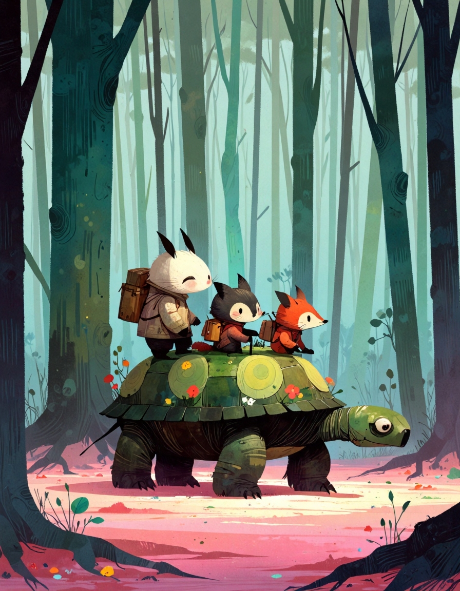 ppstorybook,A group of small, adventurous animals — a rabbit, a fox, and a raccoon — riding a massive, friendly tortoise through a whimsical forest of candy-colored trees. The tortoise’s shell is dotted with flowers and vines, while the animals wear tiny backpacks and hats, ready for a grand expedition. The forest is bathed in soft pastel hues, and trails of sparkling fairy dust follow their journey. (whimsical, playful, imaginative)