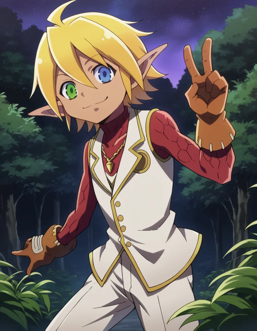 score_9, score_8_up, score_7_up, source_anime,
aurabellafiora, <lora:aura-bella-fiore-ponyxl-lora-nochekaiser:1>,
aura bella fiora, short hair, blue eyes, blonde hair, hair between eyes, green eyes, ahoge, pointy ears, dark skin, heterochromia, elf, dark elf, smile, peace sign,
gloves, jewelry, necklace, vest, white vest, pants, white pants,
outdoors, night, night sky, forest, nature,
looking at viewer,