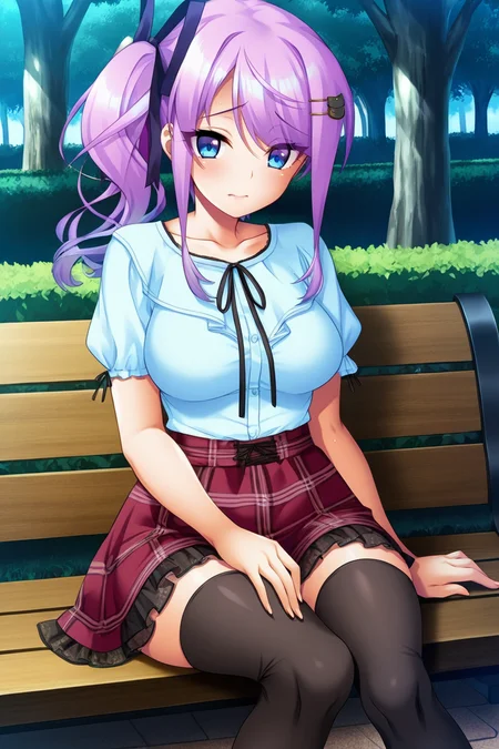 (masterpiece, best quality, game cg,highly_detailed,extremely_detailed_CG_unity_8k_wallpaper,illustration,highres,absurdres:1.2),1girl,solo, <lora:Kirari_Kusakabe-IL:1>Kirari,violet hair,gradient hair,blue eyes,hair ribbon,cat hair ornaments,side ponytail,frilled shirt,short sleeves,skirt,cat print stocking,heels shoes,sitting on a bench,park,outside,dark,hand on legs,looking at viewer,cute face,blushing