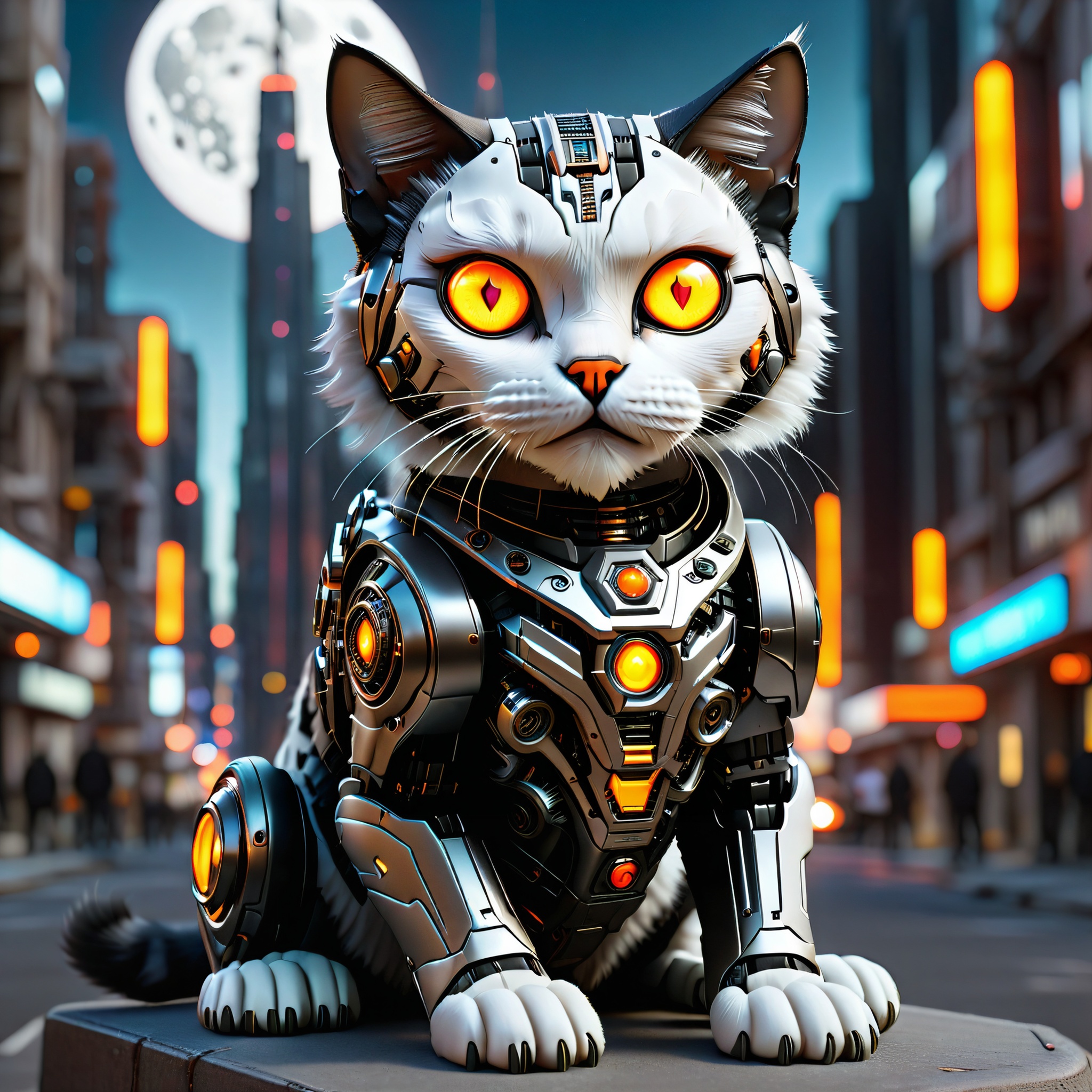 sitting hybrid full bio-mechanical cat with black and white fur and orange glowing eyes in the streets of a futuristic mega city on the moon