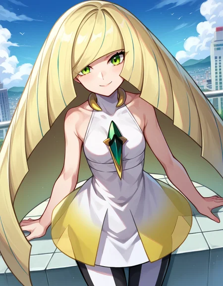 score_9, score_8_up, score_7_up, source_anime,
pokemonlusamine, <lora:pokemon-lusamine-ponyxl-lora-nochekaiser:1>
pokemonlusamine, blonde hair, green eyes, hair over one eye, long hair, multicolored hair, streaked hair, very long hair, smile,
bare arms, diamond \(shape\), dress, gem, green gemstone, leggings, short dress, sleeveless, sleeveless dress, white dress, white leggings,
outdoors, cityscape, bent over,
looking at viewer, dutch angle, cowboy shot,