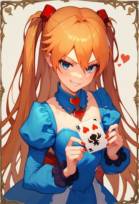 score_9, score_8_up, score_7_up, 1girl, alice in wonderland style, Asuka Langley, blue dress, detached collar, Queen of Hearts, holding card, smug grin