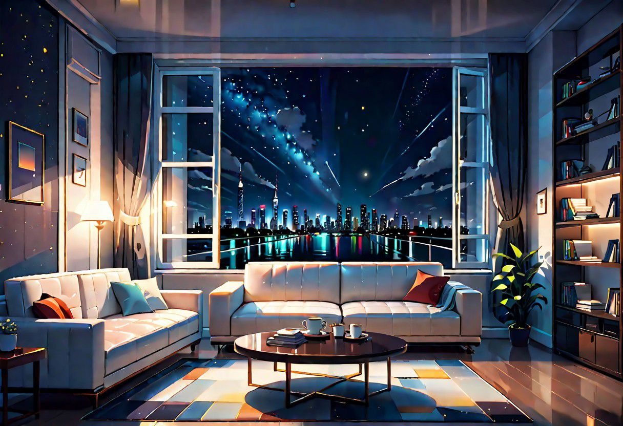 ((front view)), Shallow scene, ((animation style)), modern-style interior, with white walls, (large windows), a  study, Sofa, coffee table, bookcase, single wall, (gloomy room), Turn off the indoor lights , quiet and mysterious night sky, starry sky, city night view, (City high-rise building scenery), (City scenery outside the window)