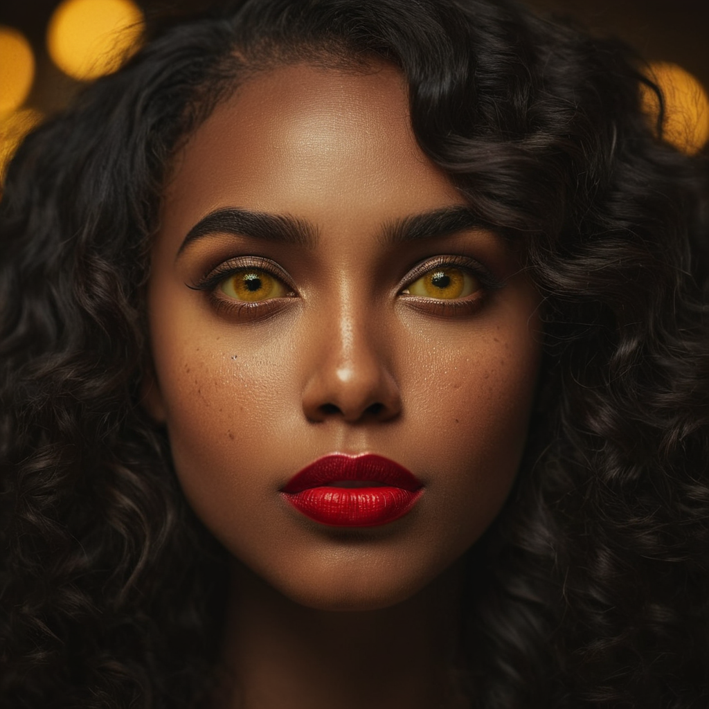 cinematic film still of  <lora:perfect sclera eye style v2:0.5> very big eyes
In perfect eye style a photo of a Yellow glowisclera eyes of a woman with long hair and yellow eyes, sharp, detailed, cinematic, Yellow sclera eye style, Yellow eyes style, 1girl, solo, long hair, looking at viewer, black hair, yellow eyes, parted lips, mole, lips, orange eyes, makeup, glowing, wavy hair, lipstick, portrait, glowing eyes, close-up, freckles, realistic, red lips, dark skin, mole under mouth, curly hair, shallow depth of field, vignette, highly detailed, high budget, bokeh, cinemascope, moody, epic, gorgeous, film grain, grainy
