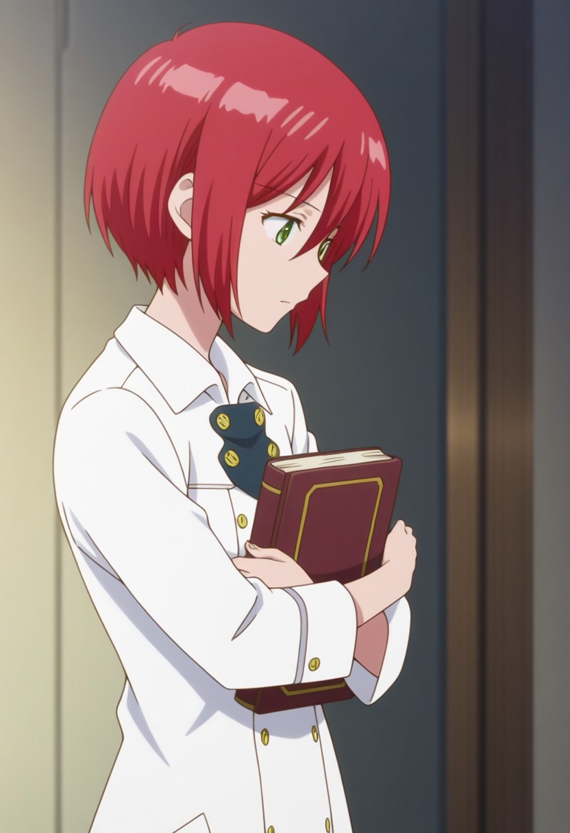 masterpiece,best quality,amazing quality, source_anime, 
shirayuki, 1girl, solo, green eyes, red hair, short hair, labcoat, hugging book,