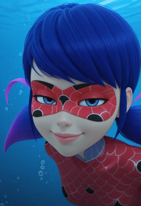 1girl, solo, aquabug, red bodysuit, blue eyes, twintails, long hair, gradient hair, blue hair, purple hair, happy, smile, lips, lipstick, domino mask, small breasts, looking at viewer, ((underwater, air bubbles, air bubble)), small lips, blue water, half-closed eyes, face focus, face close-up, young face, 18yo