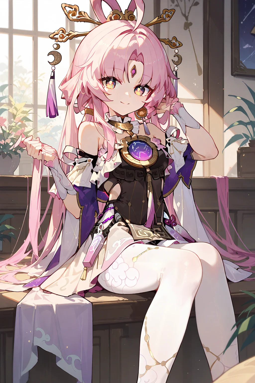 (score_9,score_8_up,score_7_up),<lora:Fu Xuan(Honkai Star Rail)-v1:1>,Fu Xuan(Honkai Star Rail),1girl,solo,pink hair,long hair,looking at viewer,bangs,white pantyhose,smile,pantyhose,holding hair,bare shoulders,forehead jewel,jewelry,closed mouth,parted bangs,ahoge,hair ornament,earrings,breasts,dress,sitting,frills,holding,indoors,
good feet,anime,NSFW,expressive,amazing quality,ultra hd 32k,