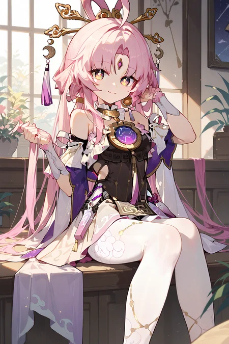 (score_9,score_8_up,score_7_up),<lora:Fu Xuan(Honkai Star Rail)-v1:1>,Fu Xuan(Honkai Star Rail),1girl,solo,pink hair,long hair,looking at viewer,bangs,white pantyhose,smile,pantyhose,holding hair,bare shoulders,forehead jewel,jewelry,closed mouth,parted bangs,ahoge,hair ornament,earrings,breasts,dress,sitting,frills,holding,indoors,
good feet,anime,NSFW,expressive,amazing quality,ultra hd 32k,