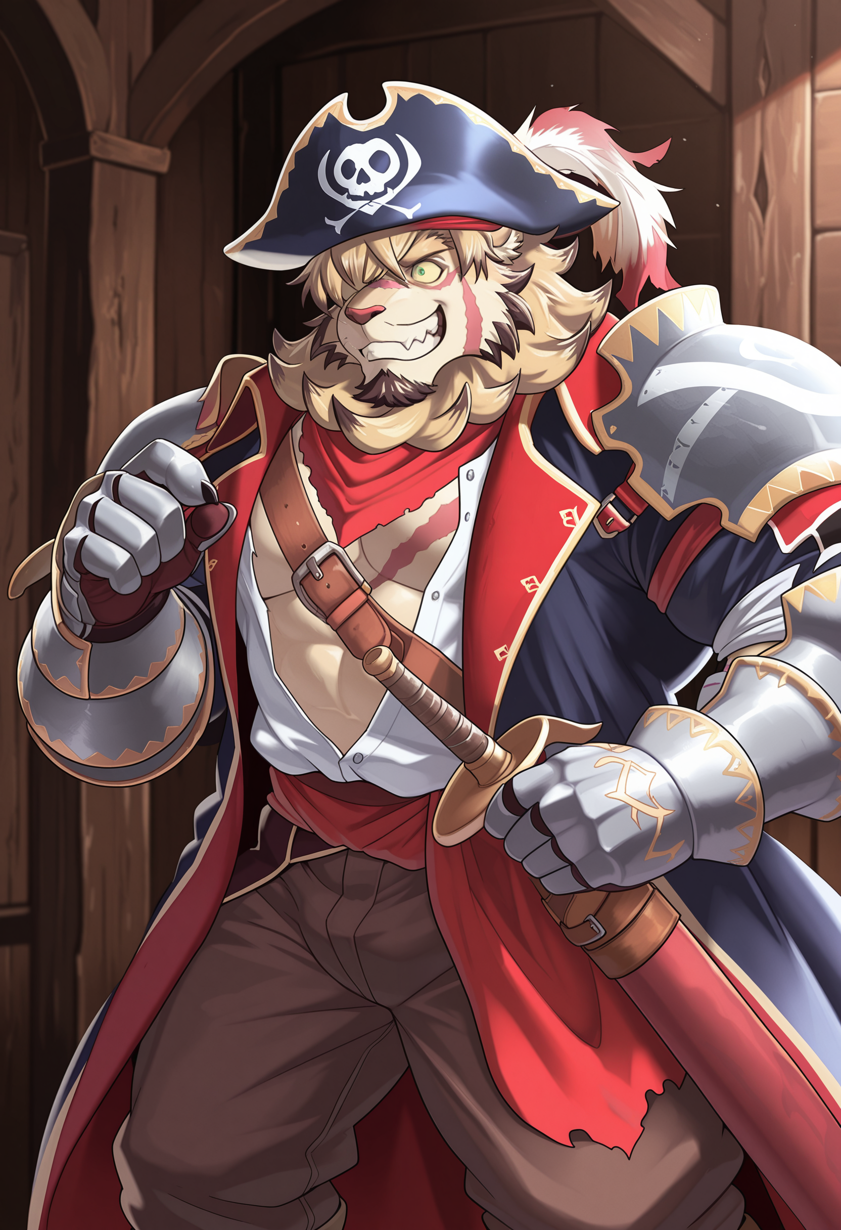 masterpiece, best quality, amazing quality, 1boy, solo, 
L3onhart, lion boy, mature male, yellow sclera, green eyes, scars, 
old outfit, blue coat, brown pants, red sash at waist, red handkerchief around neck, pirate hat, smiling, gauntlets, pauldron
