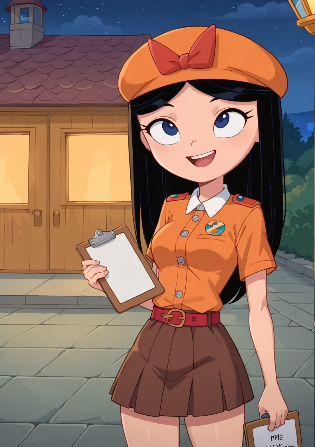 score_9, score_8_up, score_7_up, BREAK, masterpiece, highres, Isabellapony, 1girl, solo, black hair, long hair, hips,  medium breasts, smile, blue eyes, red belt, brown skirt, white undershirt, orange shirt, shoulder sash, multiple badges, orange beret, red bows,  night, smile, open mouth, lampost, holding  clipboard, looking up, holding pen, sidewalk, treehouse, leaning back, cowboy shot close up <lora:isabella_garcia-shapiro:0.9>