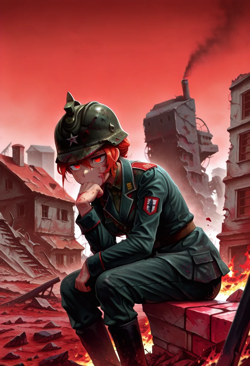 masterpiece, high quality, th1nk3r, 1girl, solo, cowboy shot, sitting, head rest, leaning forward, town, ruins, military uniform, military helmet, military, dirty, blood on face, red sky, smoke, war, fire, debris,