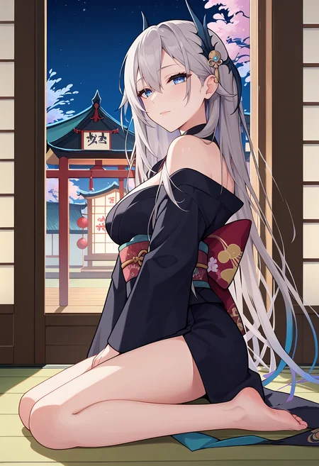score_9, score_8_up, score_7_up, anime screencap, source_anime, 1girl, solo,
<lora:Ida_Pochi_V1:.85>, KJOpochi, long hair, grey hair, blue eyes, hair between eyes, hair ornament,
black kimono, obi, off shoulder,
From side, wariza, kneeling, hand between legs, looking at viewer,
Night, east asian architecture, wooden floor,
(Beautiful, medium Breasts:1.2), natural breasts,