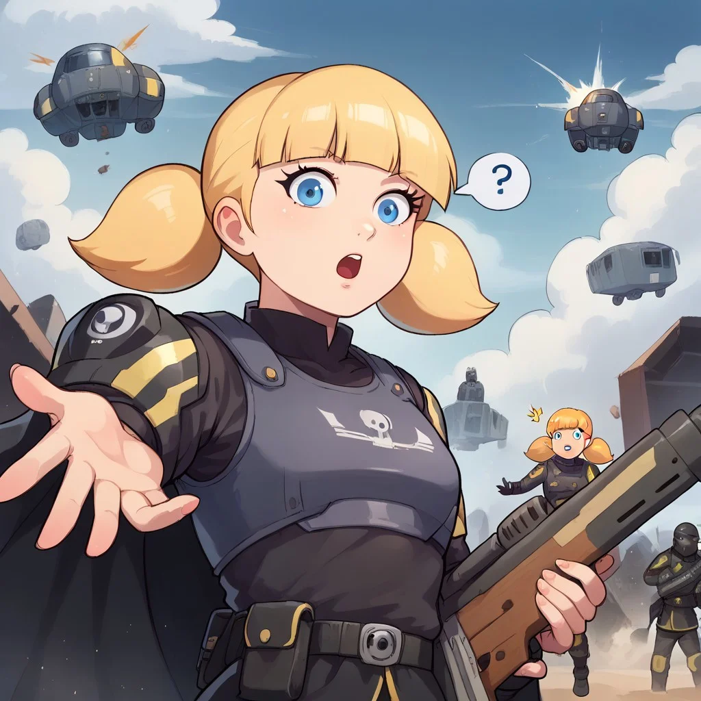 score_8, score_8_up, score_7_up, score_6_up, source_cartoon BREAK, 1girl, solo, female focus, 1girl, penny_ig, blonde hair, twintails, blue eyes, looking at viewer, confused, surprised, panicked, Helldiver_Helldivers, alien planet background, blasted battlefield background, craters, explosion, holding weapon
