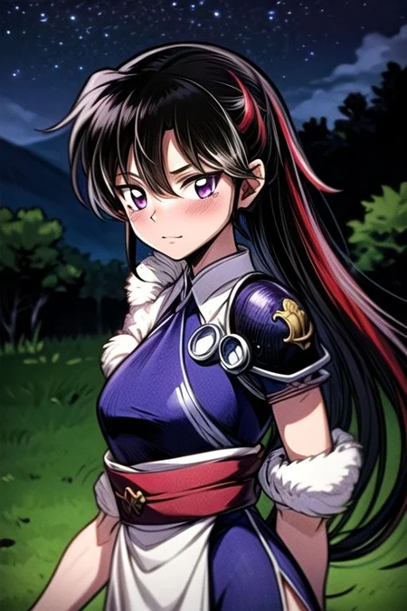 best quality 1girl Setsun4 solo long hair, (night time) forest background black hair very long hair purple eyes multicolored hair armor, small, (fur trim) (medium body),<lora:EMS-179-EMS:0.800000>,<lora:EMS-293862-EMS:0.800000> bow, hair_bow, hair_tubes, red_bow, brown_hair, long_hair, bangs, ascot, frilled_bow, yellow_ascot, blush, smile, hair_between_eyes, athletic, armor, miko, ,(((intricate outfit,intricate clothes,embroidered outfit,ornate outfit,embroidered clothes,ornate clothes))), strengthmda