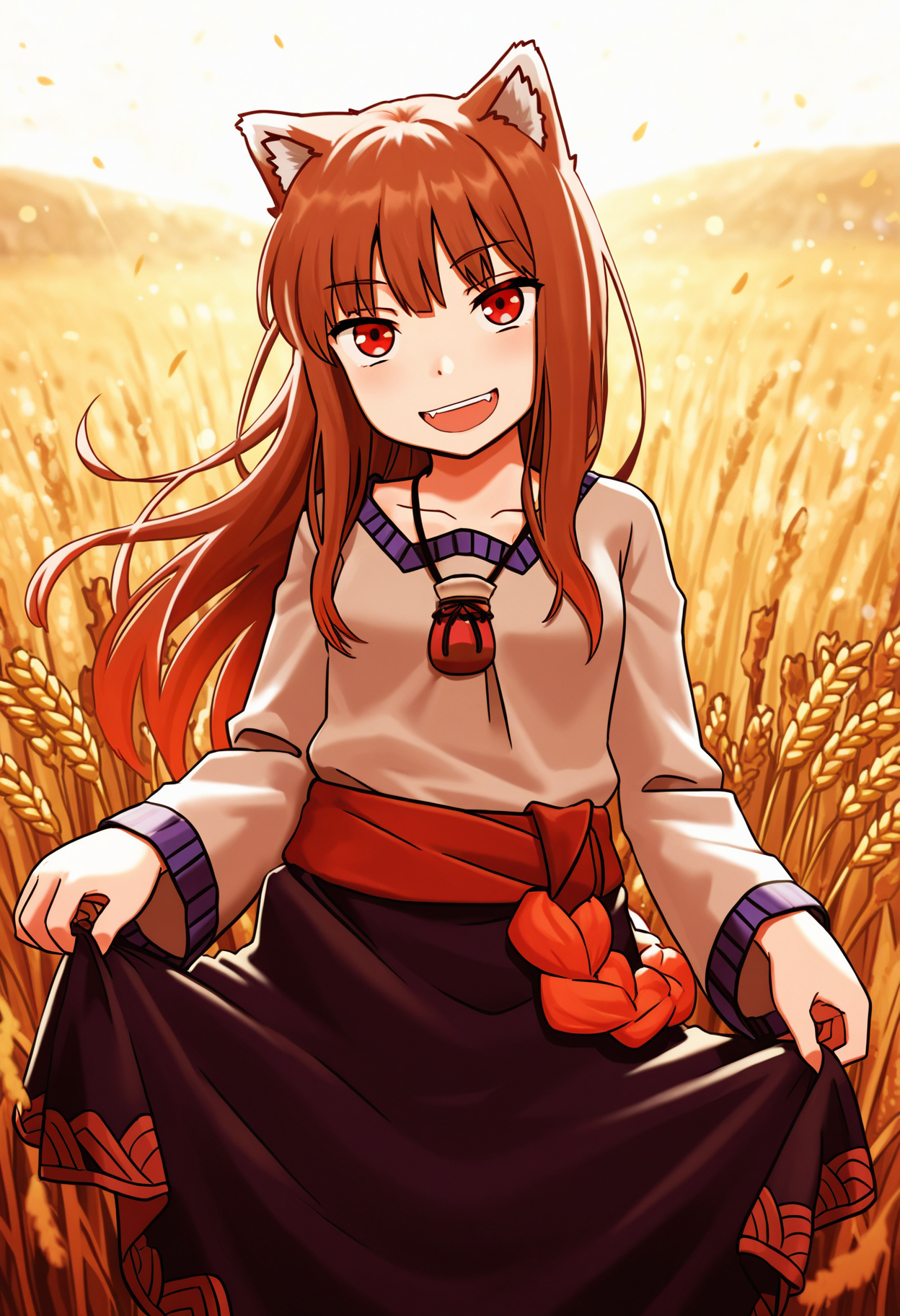 masterpiece,best quality,amazing quality,
solo, holo, long hair, animal ears, red eyes, 1girl, wolf ears, brown hair, open mouth, smile, skirt, wheat, wolf girl, looking at viewer, skirt hold,
<lora:Drifter:1>