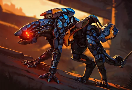 score_9_up, score_8_up, score_7_up, solo focus, full body, dynamic angle,
stalker, robot panther, black body, claws, glowing eyes, cat legs, long tail, ruined city, sunrise
