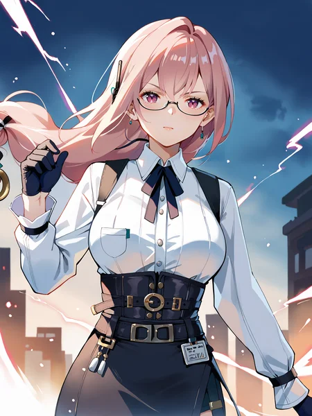 1girl, tsukishiro yanagi, solo, glasses, black gloves, high-waist skirt, white collared shirt, single pauldron, earpiece, harness, neck ribbon, cowboy shot, lightning, electricity, aura, embers, looking at viewer, floating hair, glaring, midair, fighting stance <lora:Char-ZZZ-Yanagi-pony-V1:0.9>, score_9, score_8_up, score_7_up, source_anime