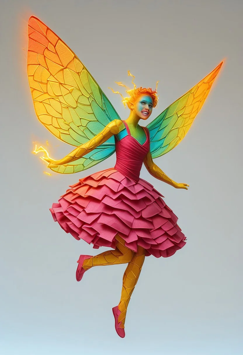 Fairy flying through a forest at sunset, reddish and yellowish colors, she dressed in a pink dress, made of filaments, her wings also made of white, green and fluorescent yellow filaments, all high definition, cinematic, truly real scene, 8k, expression of happiness, tranquility, very beautiful, very well-formed body, looking at the camera, blue eyes., electricity, glowing, portrait, colored skin, grey background, teeth, simple background, yellow eyes, skin made of electrical cables, clothing made from electrical cables, floating, indoors, wires, made of wires, cables, outlined with wires, wire sculpture, neon wire sculpture, gradient overlay, PonyXLV6_Scores