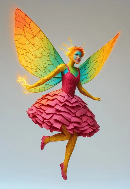 Fairy flying through a forest at sunset, reddish and yellowish colors, she dressed in a pink dress, made of filaments, her wings also made of white, green and fluorescent yellow filaments, all high definition, cinematic, truly real scene, 8k, expression of happiness, tranquility, very beautiful, very well-formed body, looking at the camera, blue eyes., electricity, glowing, portrait, colored skin, grey background, teeth, simple background, yellow eyes, skin made of electrical cables, clothing made from electrical cables, floating, indoors, wires, made of wires, cables, outlined with wires, wire sculpture, neon wire sculpture, gradient overlay, PonyXLV6_Scores