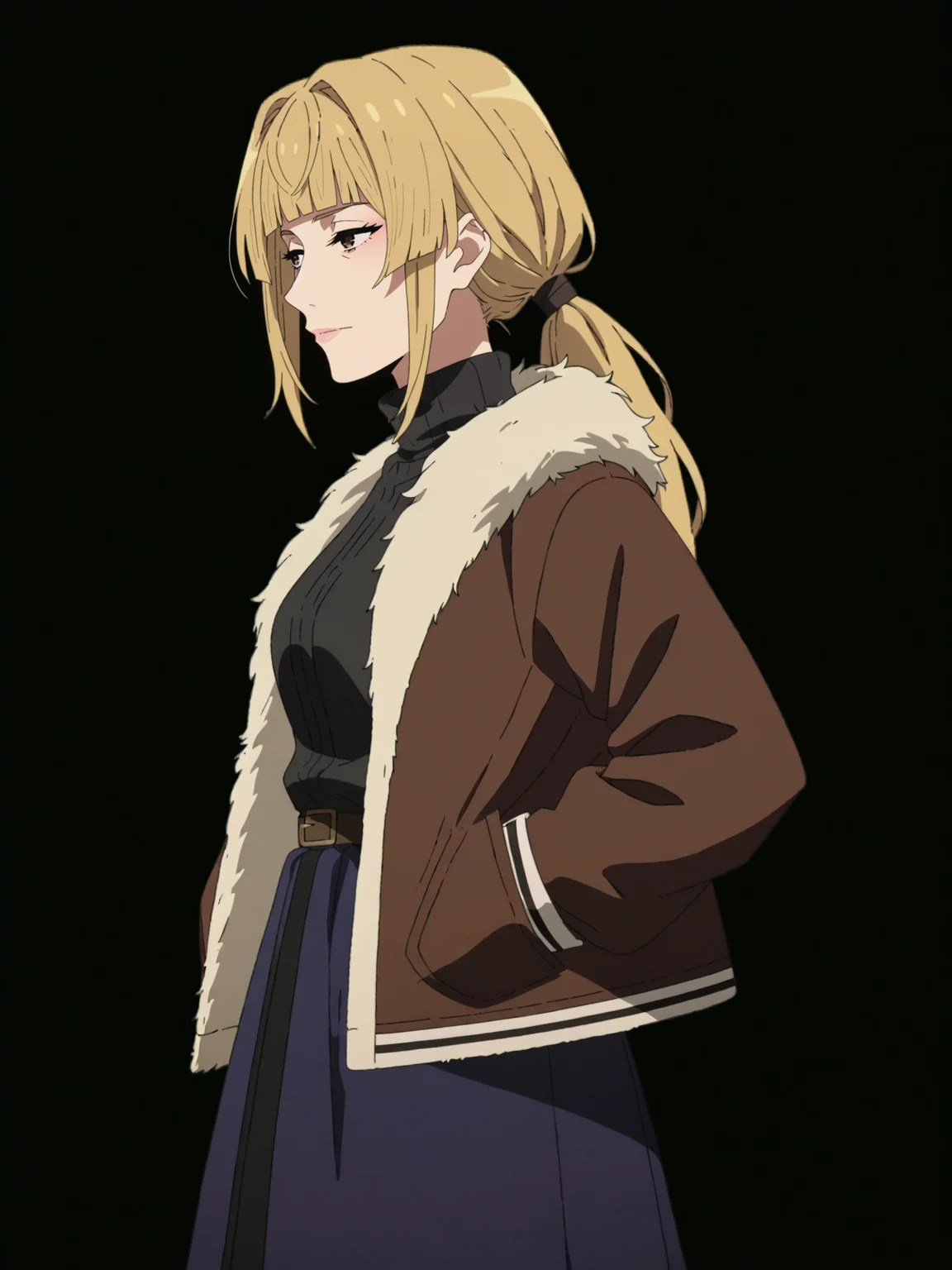 score_9, score_8_up, score_7_up, score_6_up, score_5_up, score_4_up,
BREAK
1girl, blonde hair, brown eyes, low ponytail, messy bangs, blunt bangs, brown roots, black roots, colored roots, dark roots, roots \(hair\), bored, light smile, adult, mature,
BREAK
solo, brown bomber jacket, white fur trim, black turtleneck sweater, [grey skirt|purple skirt|blue skirt], long skirt, hands in pockets, from side, looking away,
BREAK
black background, simple background, screencap, <lora:Lunas-Mushoku-Tensei-SDXL-A4:1>