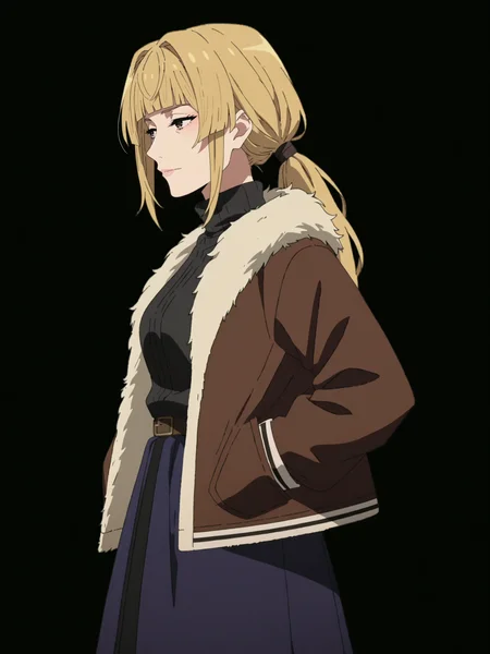 score_9, score_8_up, score_7_up, score_6_up, score_5_up, score_4_up,
BREAK
1girl, blonde hair, brown eyes, low ponytail, messy bangs, blunt bangs, brown roots, black roots, colored roots, dark roots, roots \(hair\), bored, light smile, adult, mature,
BREAK
solo, brown bomber jacket, white fur trim, black turtleneck sweater, [grey skirt|purple skirt|blue skirt], long skirt, hands in pockets, from side, looking away,
BREAK
black background, simple background, screencap, <lora:Lunas-Mushoku-Tensei-SDXL-A4:1>