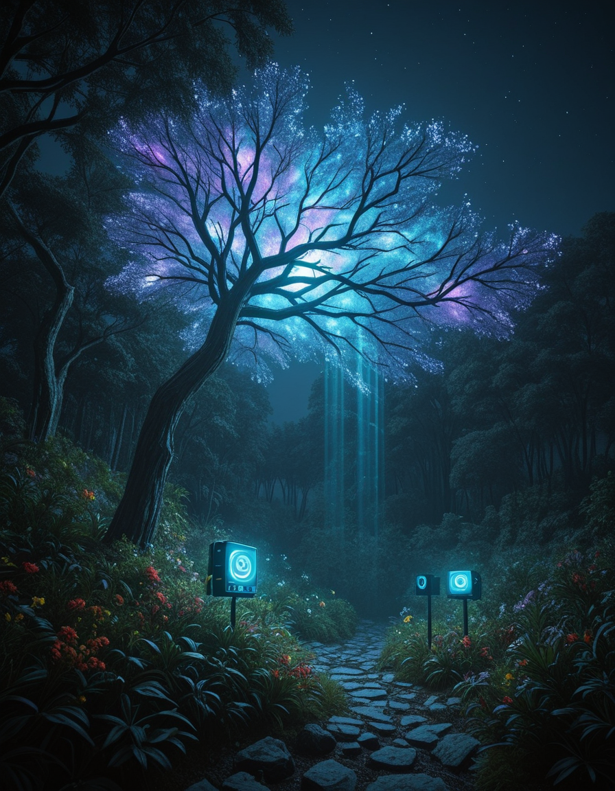 <lora:CWMinis01v2illa:1> cw01mini, hologram tree, colorful, vegetation, night, mist,
