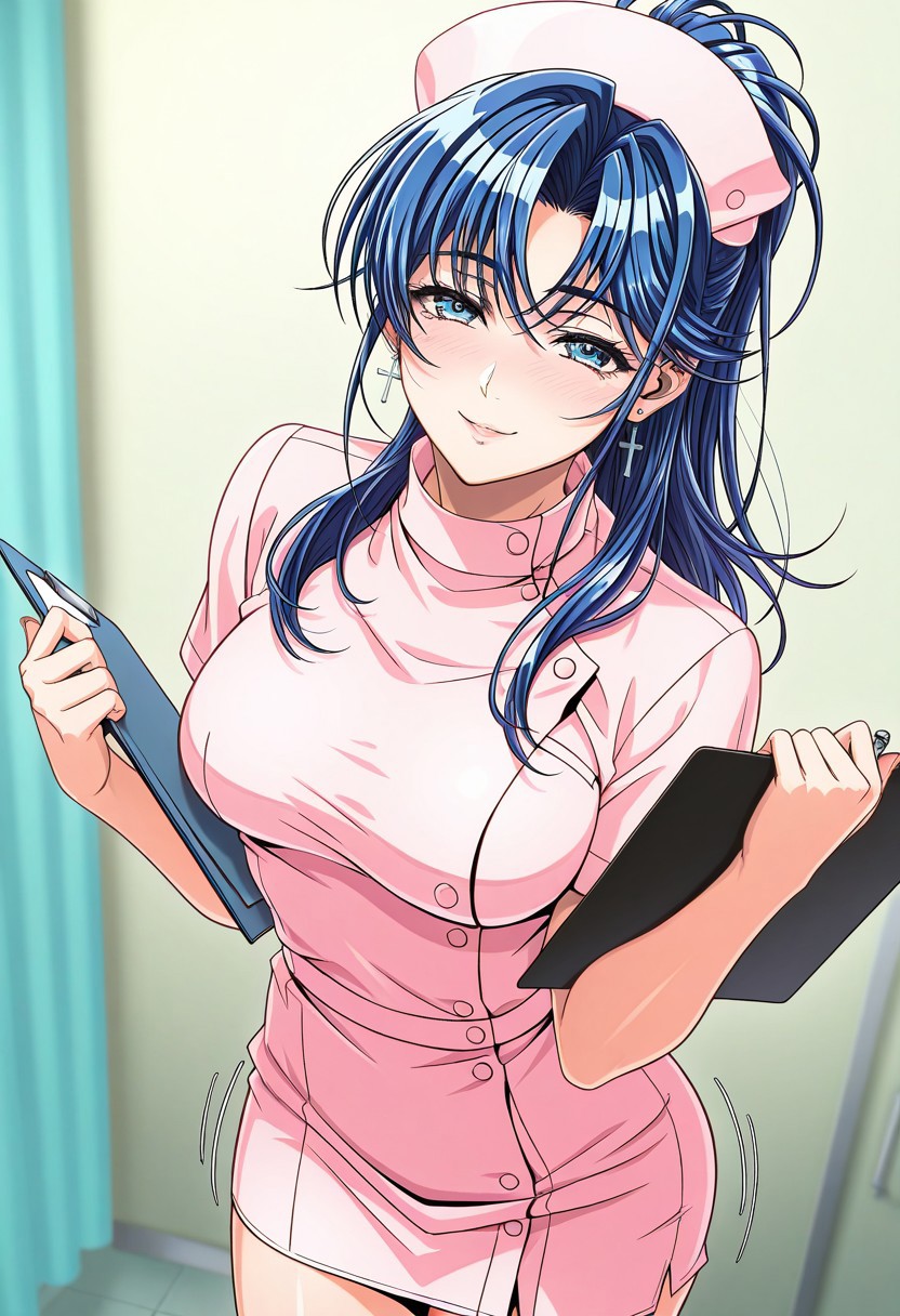 masterpiece, best quality, newest, highres, uncensored, 1girl, yokota mamoru style,1girl, slender face，motion lines,blush,torogao,looking at the viewer,seductive smile
Kouno Asami,Blue Hair, Curtained Hair, Long Hair, Ponytail, Spiky Bangs, Straight Hair,Blue Eyes,Medium Breasts, Slim, Cross Earrings
1girl,solo
hat, nurse, smile, nurse cap, holding, looking at viewer, clipboard