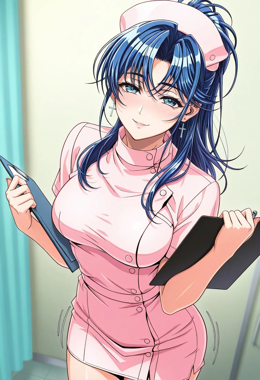 masterpiece, best quality, newest, highres, uncensored, 1girl, yokota mamoru style,1girl, slender face,motion lines,blush,torogao,looking at the viewer,seductive smile
Kouno Asami,Blue Hair, Curtained Hair, Long Hair, Ponytail, Spiky Bangs, Straight Hair,Blue Eyes,Medium Breasts, Slim, Cross Earrings
1girl,solo
hat, nurse, smile, nurse cap, holding, looking at viewer, clipboard