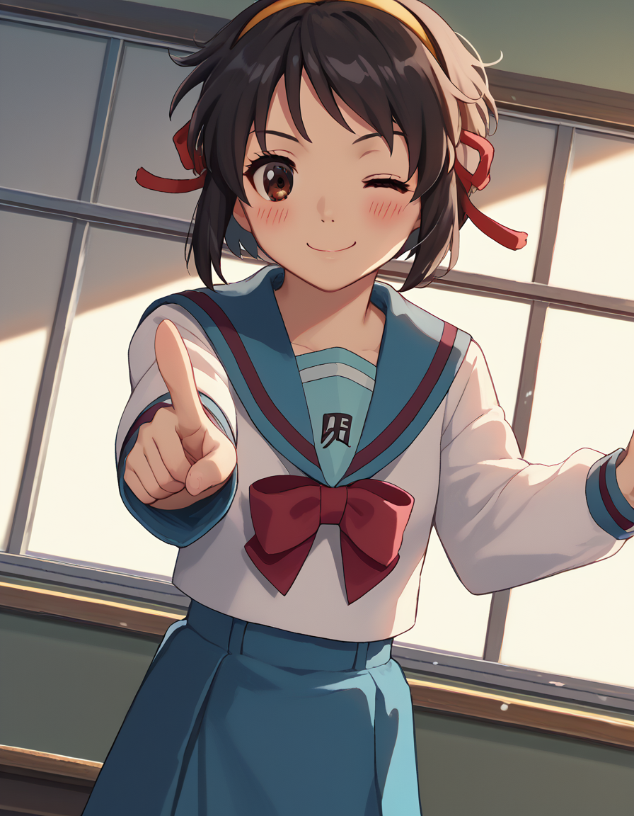 score_9, score_8_up, score_7_up, source_anime, mitsuhamiyamizu, <lora:mitsuha-miyamizu-ponyxl-lora-nochekaiser:1>, mitsuha miyamizu, black hair, brown eyes, short hair, ribbon, hair bun, hair ribbon, red ribbon,, <lora:haruhi-suzumiya-cosplay-ponyxl-lora-nochekaiser:1>, haruhisuzumiyacosplay, suzumiya haruhi \(cosplay\), skirt, long sleeves, school uniform, serafuku, sailor collar, blue skirt, blue sailor collar, winter uniform, kita high school uniform,, classroom, one eye closed, pointing at viewer, smile, blush,, cowboy shot, dutch angle, solo,