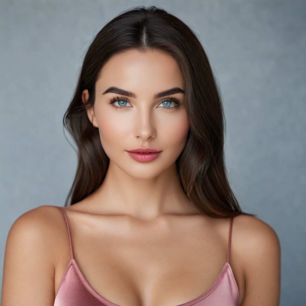 ultra-realistic portrait of an exceptionally attractive young woman, framed from head to cleavage, symmetrical and elegant face, smooth olive-toned skin, almond-shaped light blue eyes with long dark lashes, naturally thick arched eyebrows, full soft pink lips, defined cheekbones, straight nose, minimal natural makeup, calm and confident expression, shoulder-length wavy dark brown hair parted to the side, wearing a red spaghetti strap top, cinematic soft lighting, DSLR-level detail, shallow depth of field, subtle background blur, soft skin glow, high-resolution beauty photography