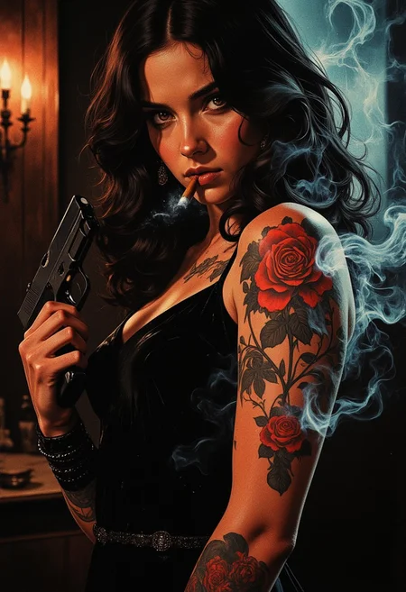 noir setting, femme fatale, red rose tattoo, gun, mysterious woman, glowing eyes, smoking cigar, dimly lit, dramatic shadows, dark ambiance, subtle smoke trails, cinematic lighting, moody atmosphere, close-up perspective, elegant yet ominous
