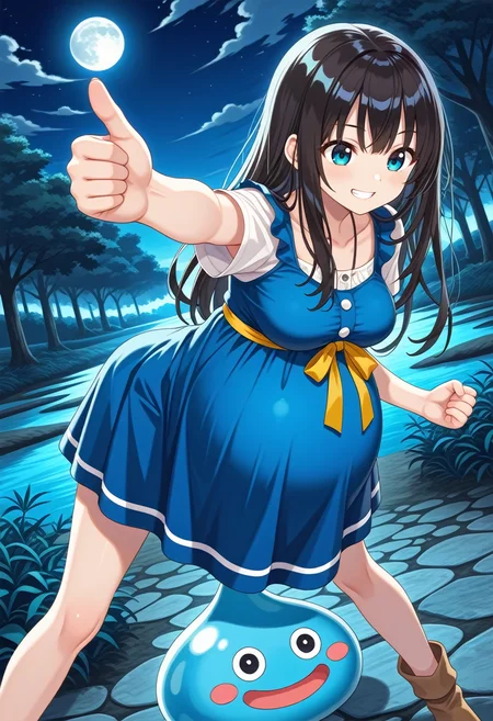 STYLE(comfy++,none) masterpiece, best quality, absurdres, 1girl, cura, azuuru, torino aqua, slime \(dragon quest\), blue eyes, long hair, medium breasts, clothed, pregnant, big belly, solo, aroused, grin, looking down, facing to the side, pointing, thumbs up, outstretched arms, (bent over), fighting stance, legs apart, portrait, dutch angle, night, nature, meadow, game cg, <lora:Other/Pregnancy_Slider.safetensors:1.5:1.5> <lora:Tech/dmd2_sdxl_4step_lora_fp16.safetensors:1.0:1.0> <lora:Other/pregnant_c_v3.safetensors:1.0:1.0>