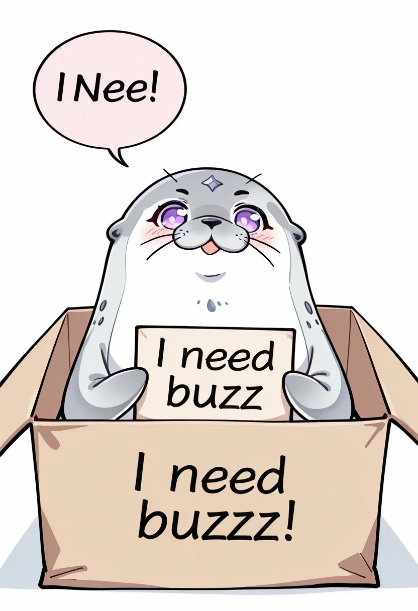 masterpiece,best quality,amazing quality,absurdres,seal, no humans, animal focus, whiskers, seal (animal), seele vollerei (herrscher of rebirth), solo, cartoon, cute, oversized animal, in box, in container, cardboard box, need_buzz, holding sign, speech bubble,english text, talking, "BUZZ ME" in the speech bubble