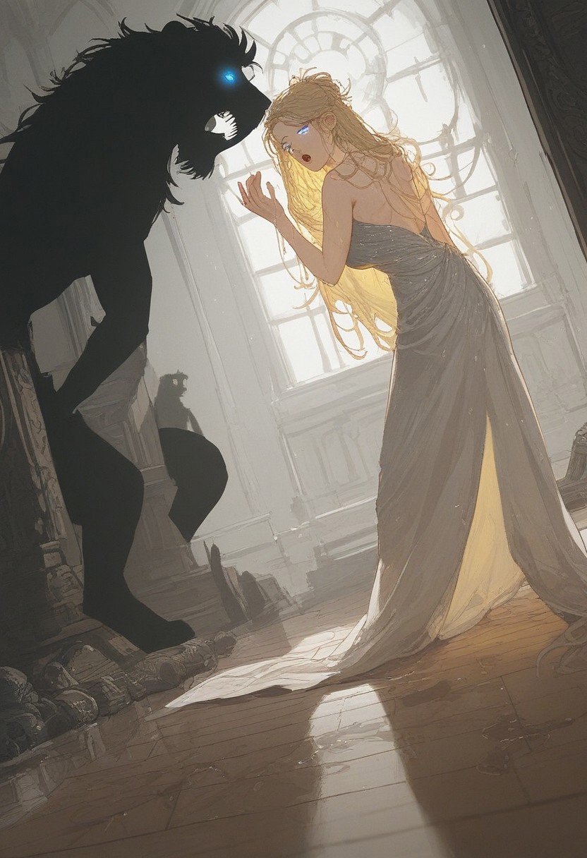 score_9, score_8_up, score_7_up, score_6_up, score_5_up, (art, dutch angle, wet floor, wooden floor, wrecked floor, beast, hulking beast, lion, solo, glowing eyes, (silhouette), 1girl, blonde hair, symmetrical bang, blue eyes, evening gown, yawning)