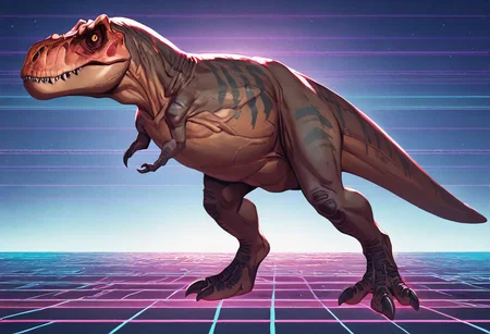 score_9, score_8_up, score_7_up, dinosaur, full body, tyrannosaurus, dramatic lighting, retrowave, pureerosface_v1