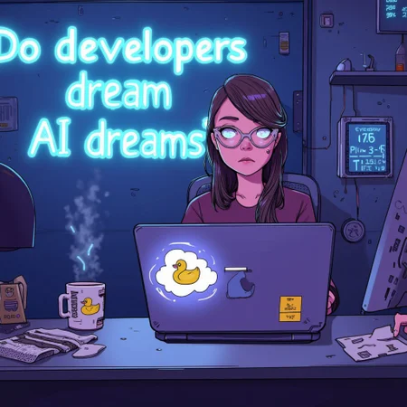 a developer at an office desk with a laptop, text "Do developers dream AI dreams?" written on a sign in the wall ,screen light on her face , a hot mug of coffee and a yellow rubber duck on desk. Cyberpunk
