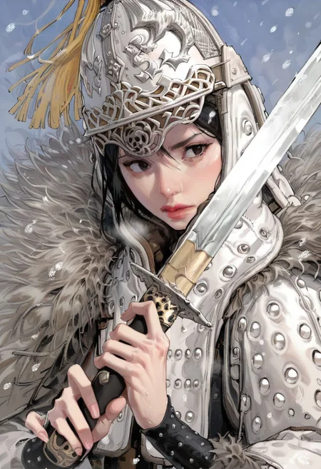 score_9,score_8_up,score_7_up,score_6_up, easynegative, SJ_Style, rukia kuchiki, 1girl, holding weapon, helmet, holding sword, black eyes, snowing, armor, fur trim, snow, black hair, plume, lips, upper body, closed mouth
