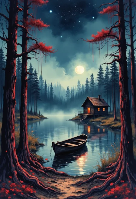 yfg-liqd, with moody lighting, dark forest with tall pine trees, misty lake reflecting stars, abandoned boat near shore, distant cabin, deep shadows, soft moonlight illuminating water, subtle red and blue hues, textured bark on trees, ethereal atmosphere, light fog rolling over lake, scattered leaves on ground, with intricate textures and vibrant colors. The scene should include a rich variety of elements, each contributing to the overall atmosphere. Lighting should be soft, diffused, and natural, enhancing the depth and realism of the scene. The mood is to be calm yet vibrant, creating a sense of serenity and wonder. Every detail in the scene should be meticulously rendered, emphasizing the contrast between light and shadow, and capturing the fine textures and subtle gradients. The color palette should be carefully chosen to evoke emotion, with each hue enhancing the aesthetic appeal of the overall composition. The final image should be immersive and captivating, drawing the viewer into its intricately detailed world.