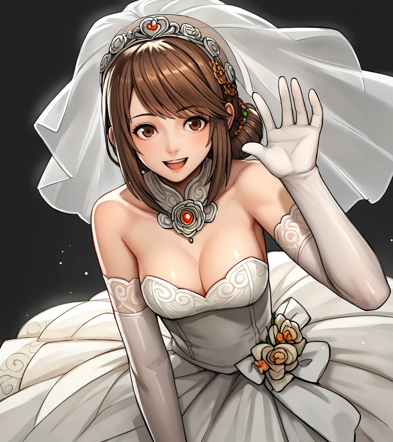score_9, score_8_up, score_7_up, score_6_up, score_5_up, score_4_up, BREAK source_anime,
1girl, solo, <lora:BaoSanniangDW9:0.9>, Bao Sanniang, brown eyes, brown hair, medium hair, hair ornament, medium breasts, 
wedding dress, wedding gown, bridal veil, elbow gloves, high heels,
looking at viewer, happy,
simple background, black background, closeup
mugi_\(banban53\),