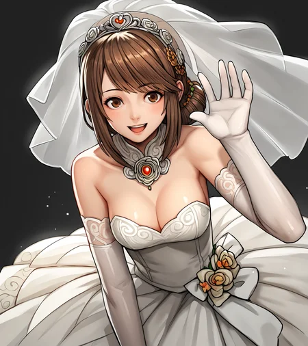 score_9, score_8_up, score_7_up, score_6_up, score_5_up, score_4_up, BREAK source_anime,
1girl, solo, <lora:BaoSanniangDW9:0.9>, Bao Sanniang, brown eyes, brown hair, medium hair, hair ornament, medium breasts,
wedding dress, wedding gown, bridal veil, elbow gloves, high heels,
looking at viewer, happy,
simple background, black background, closeup
mugi_\(banban53\),